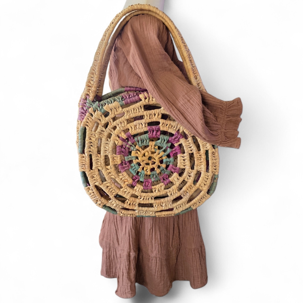 Woven Round Straw Shoulder Bag in Natural with Pink & Green Accents